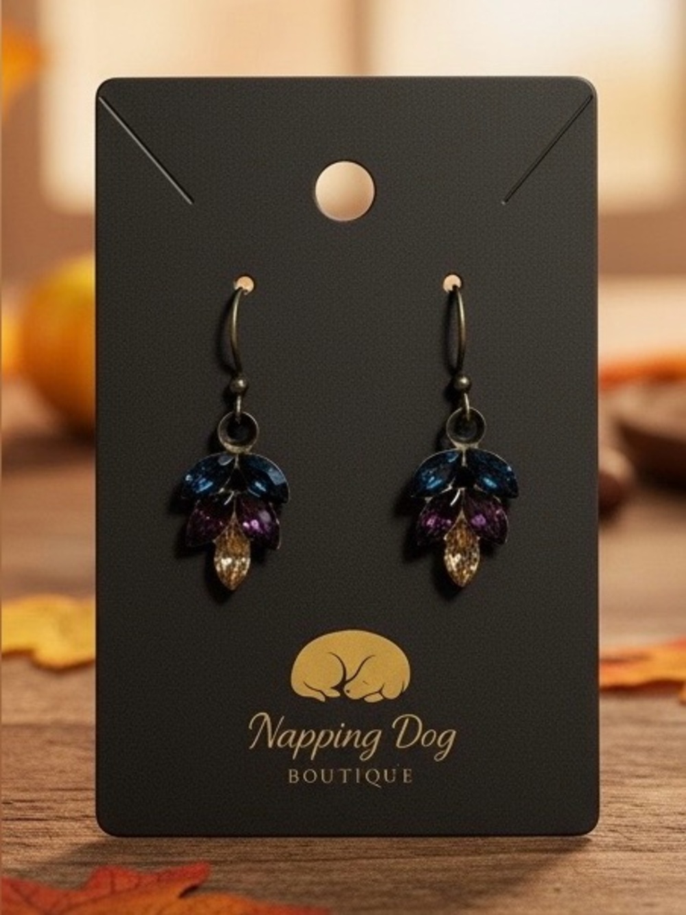 Jewel-Tone Crystal Leaf Dangle Earrings – Blue, Purple & Champagne